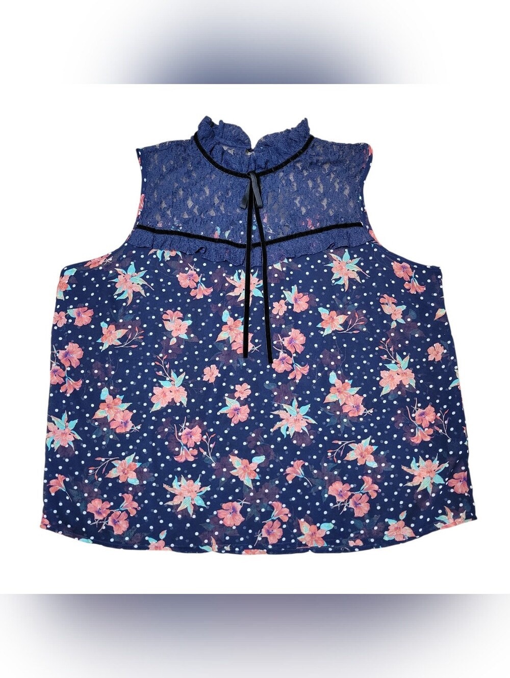 NWT Navy Floral Polka Dot Chiffon Tank Lace Yoke Black Velvet Tie Plus Size 2x